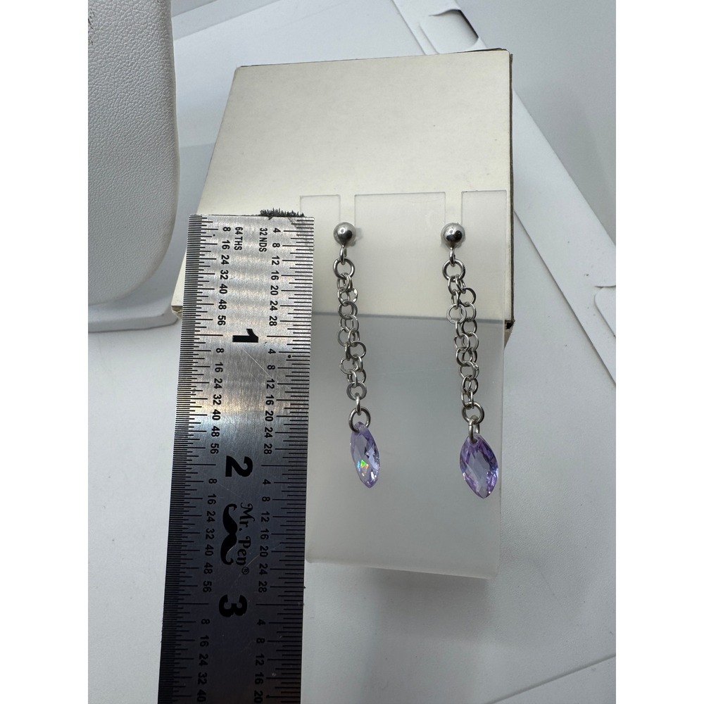 Silver Tone Purple Crystal Bar Pendant Necklace and Marquise Drop Earring Set - Picture 4 of 5